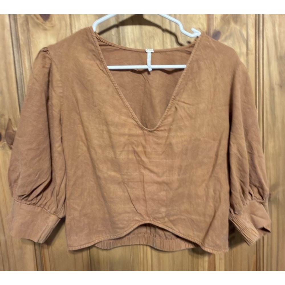 YFB Young Fabulous & Broke Brown Linen Blend Peasant Top Puff Sleeve Women's S